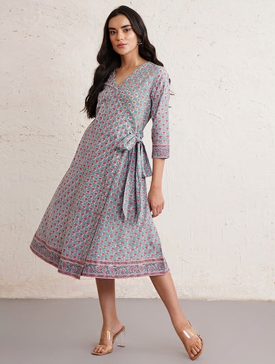 Women Blue Cotton Printed Round Neck Block Print Dress - XS