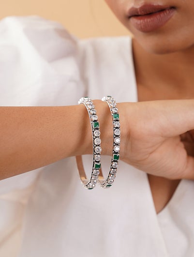 Women Green Kempstone Encursted Tribal Silver Bangles With Zircon (Pair)