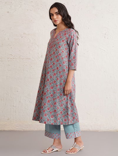 Women Blue Cotton Block Print Round Neck Loose Fit Kurta - XS