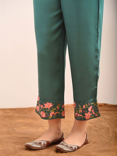 Women Teal Blue Modal Embroidered Ankle Length Regular Fit Pant - S