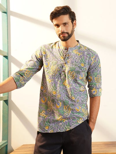 Men Multicolour Cotton Block Print Mandarin Collar Regular Fit Kurta - 44