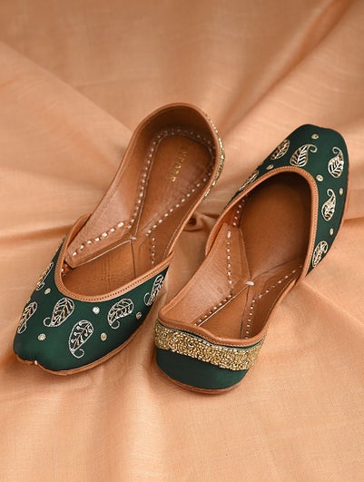 Women Emerald Green Hand Embroidered Silk Leather Juttis - EU-36