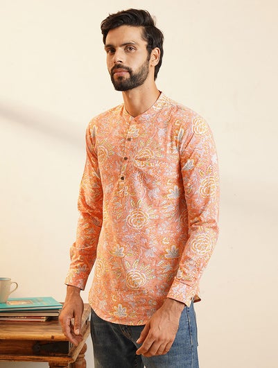 Men Multicolour Cotton Block Print Mandarin Collar Regular Fit Kurta - 38