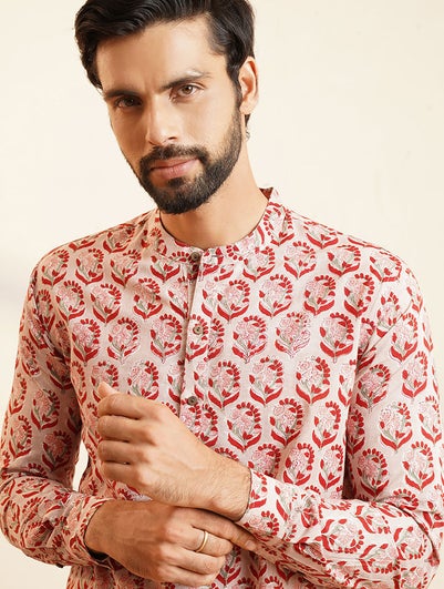 Men Multicolour Cotton Block Print Mandarin Collar Regular Fit Kurta - 38