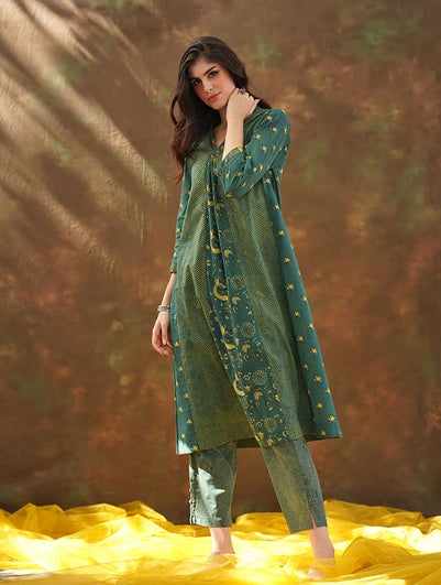 Women Green Cotton Dabu V Neck Straight Fit Kurta - XS