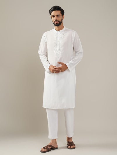 Men White Cotton Chikankari Mandarin Collar Regular Fit Kurta - S