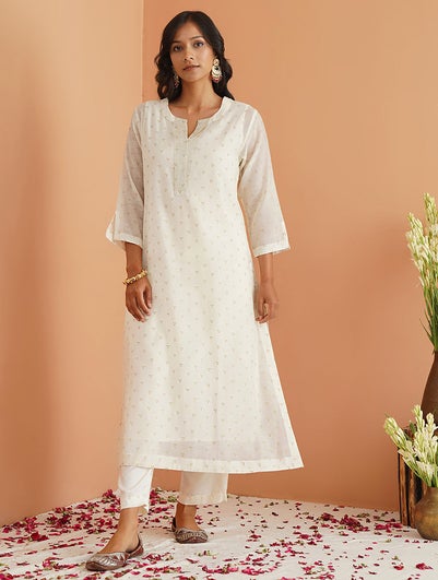 Women Ivory Cotton Silk Round Neck A Line Kurta , Slip & Pant - S