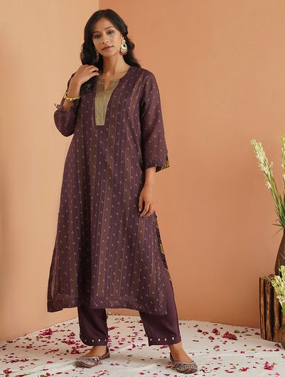 Women Wine Purple Cotton Silk Round Neck A Line Kurta , Slip & Pant - XS