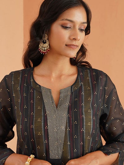 Women Black Cotton Silk Round Neck A Line Kurta , Slip & Pant - S