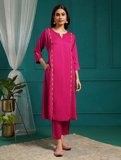 Women Pink Modal Embroidered Round Neck Straight Kurta With Pant - S