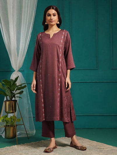 Women Wine Purple Modal Embroidered Round Neck Straight Kurta With Pant - XS