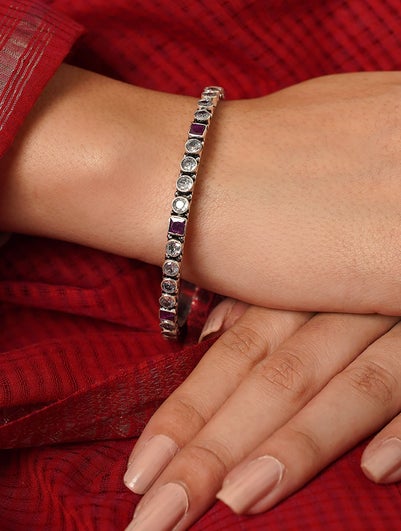 Women Cut Stone Silver Bangle - 2/4