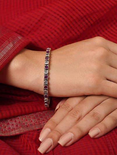 Women Cut Stone Silver Bangle - 2/4