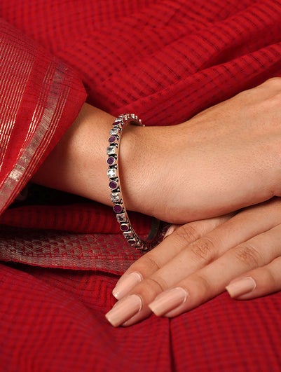 Women Cut Stone Silver Bangle - 2/4