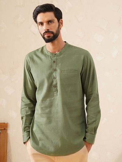 Men Olive Green Cotton Linen Mandarin Collar Regular Fit Kurta - 44