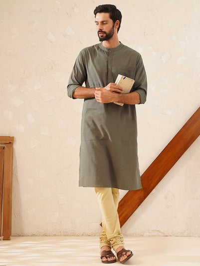 Men Brown Cotton Linen Mandarin Collar Regular Fit Kurta - 38