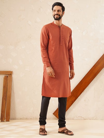 Men Rust Orange Cotton Linen Mandarin Collar Regular Fit Kurta - 38