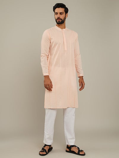 Men Peach Orange Cotton Mandarin Collar Regular Fit Kurta - 38