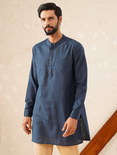 Men Navy Blue Cotton Linen Mandarin Collar Regular Fit Kurta - 44