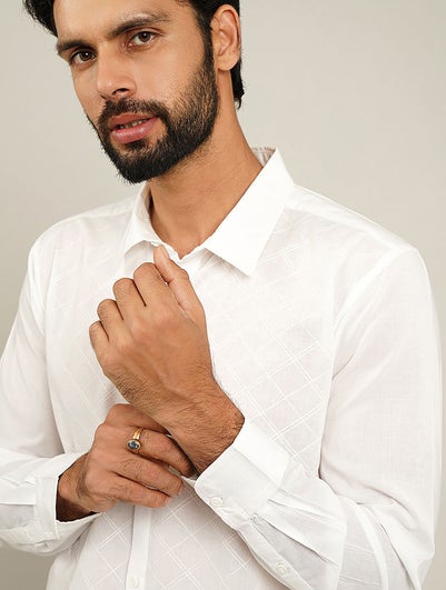 Men White Cotton Embroidered Shirt Collar Regular Fit Shirt - 40