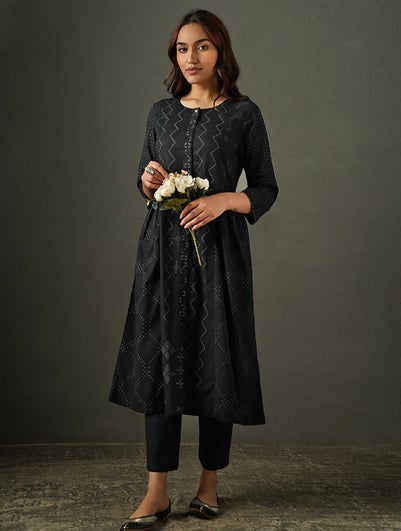 Women Black Cotton Round Neck Loose Fit Kurta - XS