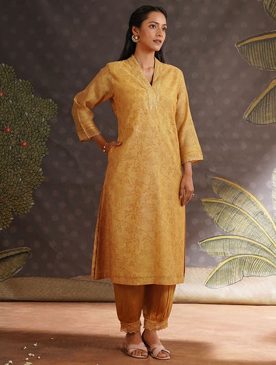 Women Mustard Yellow Cotton Silk V Neck Straight Kurta , Salwar & Dupatta - M