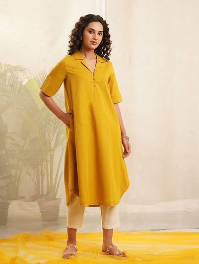 Women Mustard Yellow Cotton Collar Neck Loose Fit Kurta - XS