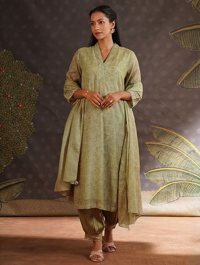 Women Green Cotton Silk V Neck Straight Kurta , Salwar & Dupatta - S