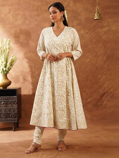 Women Ivory Cotton Khadi Angrakha Neck Anghrakha Kurta With Churidar - M