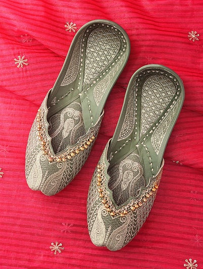 Women Olive Green Handcrafted Leather Juttis With Ghungroo And Zari Work - EU-36