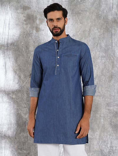 Men Blue Denim Mandarin Collar Regular Fit Kurta - 38