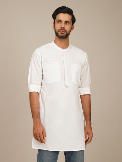 Men White Cotton Mandarin Collar Regular Fit Kurta - 36