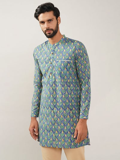 Men Blue Cotton Block Print Mandarin Collar Kurta - 38