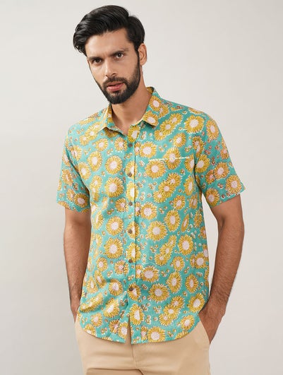 Men Multicolor Block Printed Cotton Half Sleeve Shirt - 36