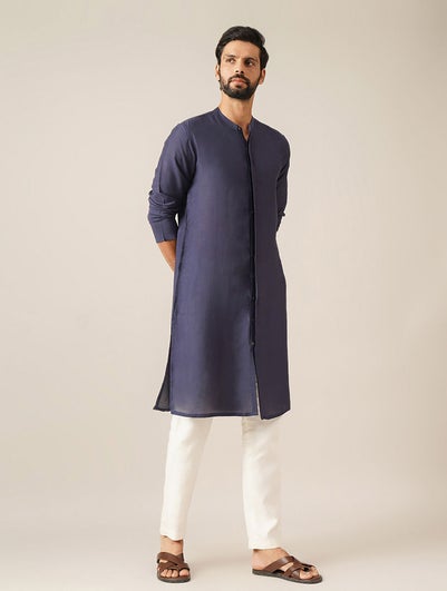 Men Navy Blue Linen Mandarin Collar Regular Fit Kurta - 44