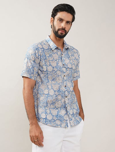 Men Multicolor Block Printed Cotton Half Sleeve Shirt