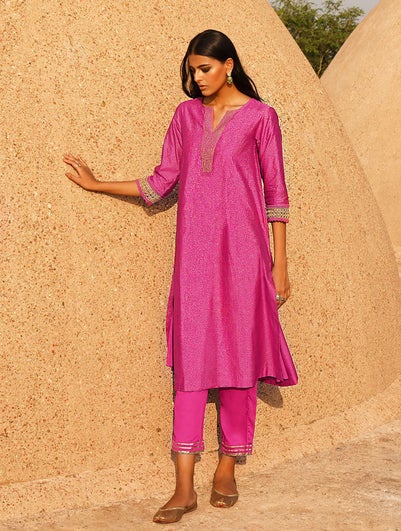 Women Fuchsia Pink Cotton Silk Block Print V Neck Straight Kurta And Slip - XS