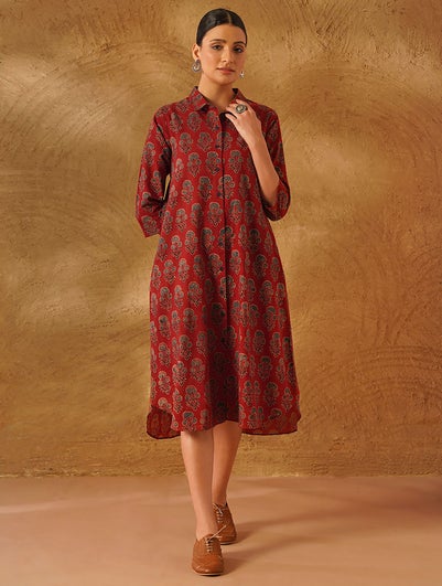 Women Red Cotton Printed Shirt Collar Ajrakh Dress - XS