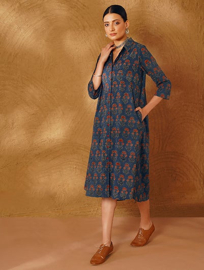 Women Indigo Blue Cotton Printed Shirt Collar Ajrakh Dress - XS