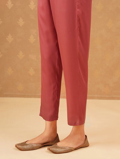 Women Coral Red Modal Solid Ankle Length Regular Fit Pant - XS