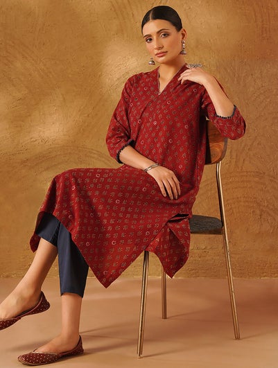 Women Red Cotton Ajrakh V Neck Regular Fit Kurta - S