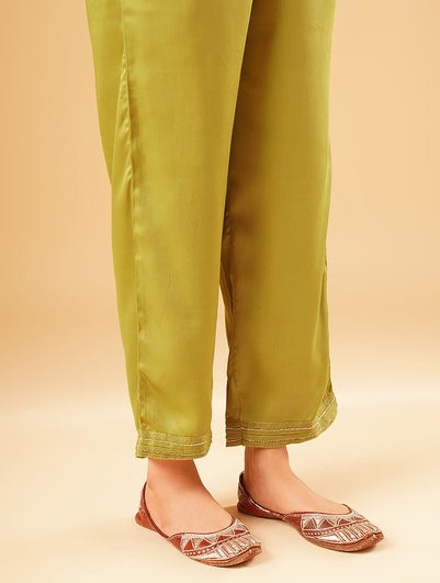 Women Lime Green Modal Embroidered Ankle Length Regular Fit Pant - S