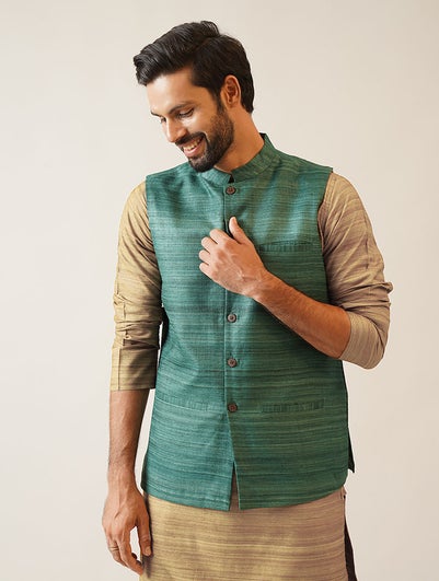 Men Green Ghicha Silk Hand Woven Mandarin Collar Regular Fit Nehru Jacket - 38