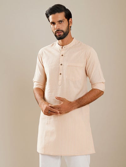 Men Peach Orange Cotton Mandarin Collar Regular Fit Kurta - 38