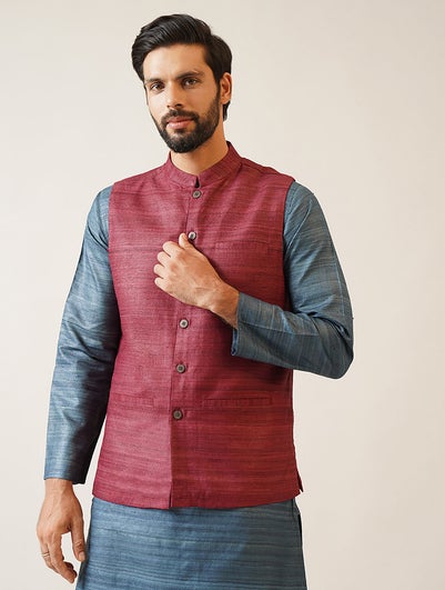 Men Maroon Red Ghicha Silk Hand Woven Mandarin Collar Regular Fit Nehru Jacket - 38