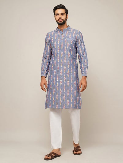 Men Blue Cotton Ikat Mandarin Collar Regular Fit Kurta - 38