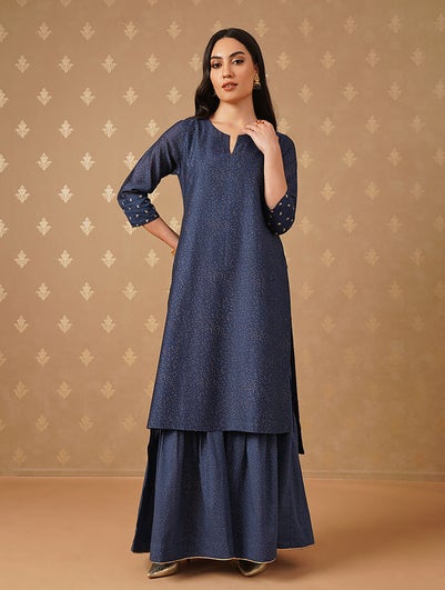 Women Indigo Blue Cotton Silk Khadi Round Neck Straight Fit Kurta - XS