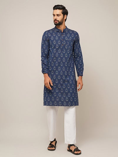 Men Blue Cotton Ikat Mandarin Collar Regular Fit Kurta - 38