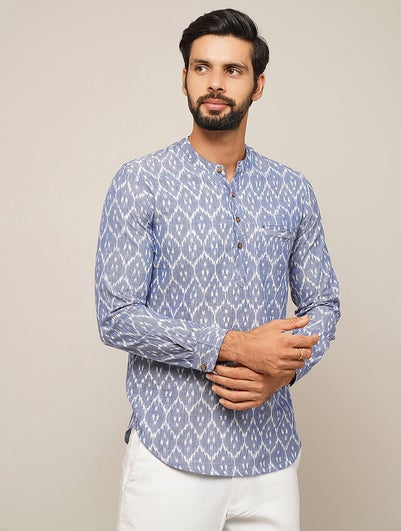 Men Blue Cotton Ikat Mandarin Collar Regular Fit Kurta - 38