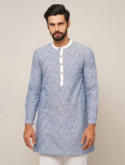 Men Blue Cotton Ikat Mandarin Collar Regular Fit Kurta - 38